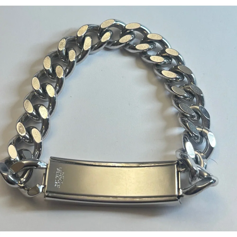 Vintage Speidel Charles ID Bracelet Rhodium Electroplated Curb Chain Silver Tone